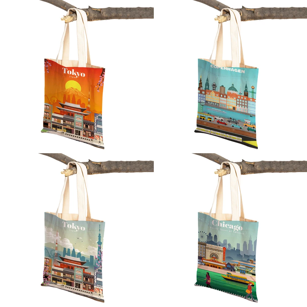 Cartoon City Travel Landscape Art Shopper Bags Tote Lady Handbag Both Sides Spain Singapore Casual Canvas Women Shopping Bag