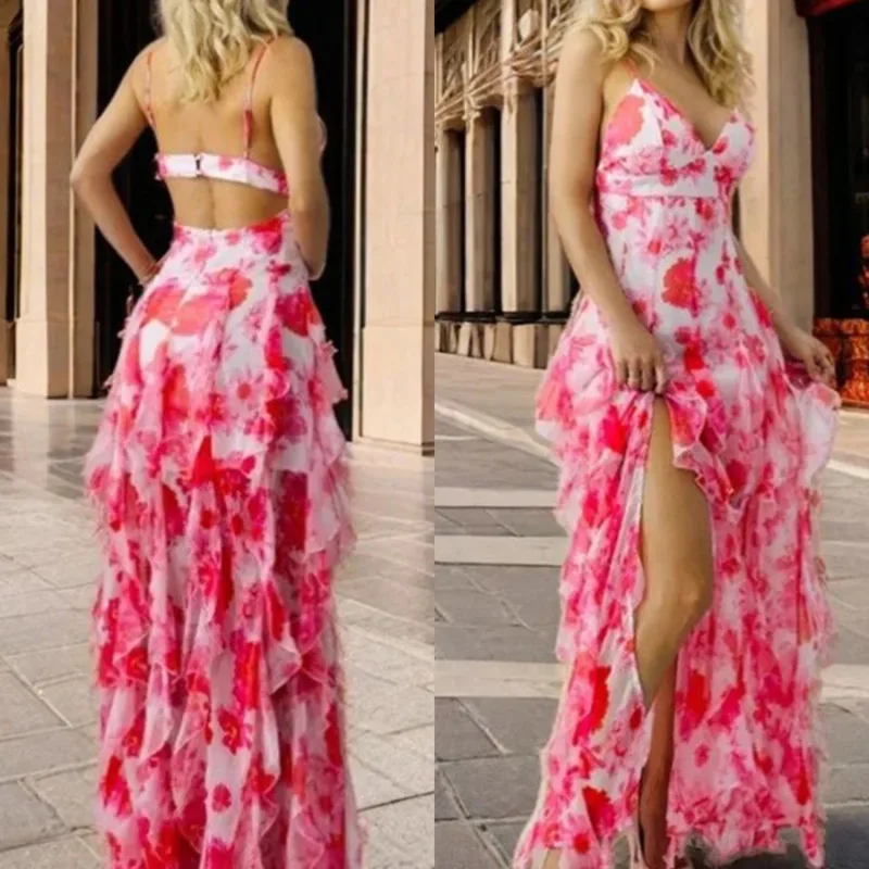 

Elegant Chiffon Floral Print Cami Dress With Ruffled Hem Sexy V Neck Backless Cami Dress Summer Fashion Women's Vacation Dress