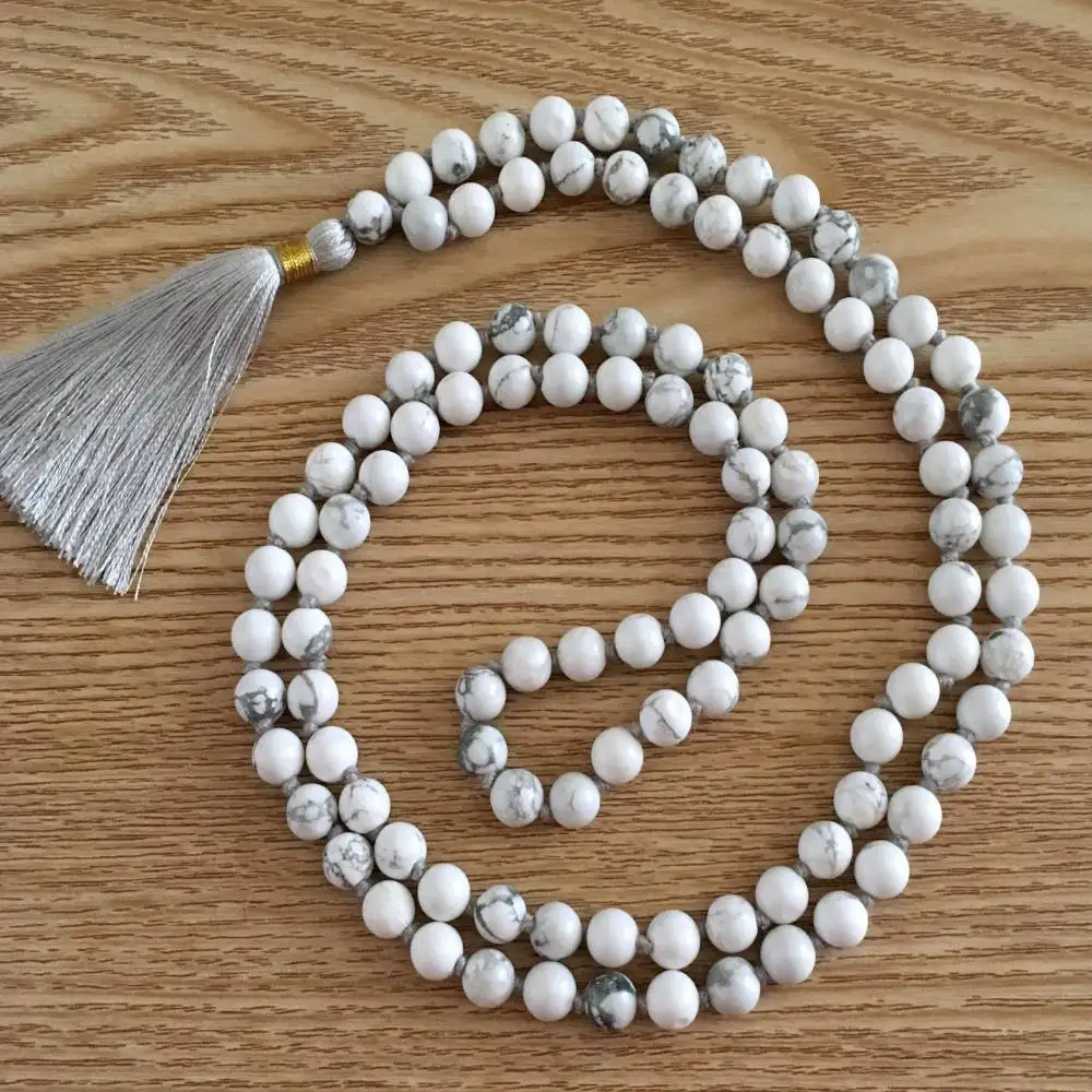 

Натуральное белое ожерелье-мала из гаулита с 108 бусинами и серым кисточком, духовное украшение для медитации