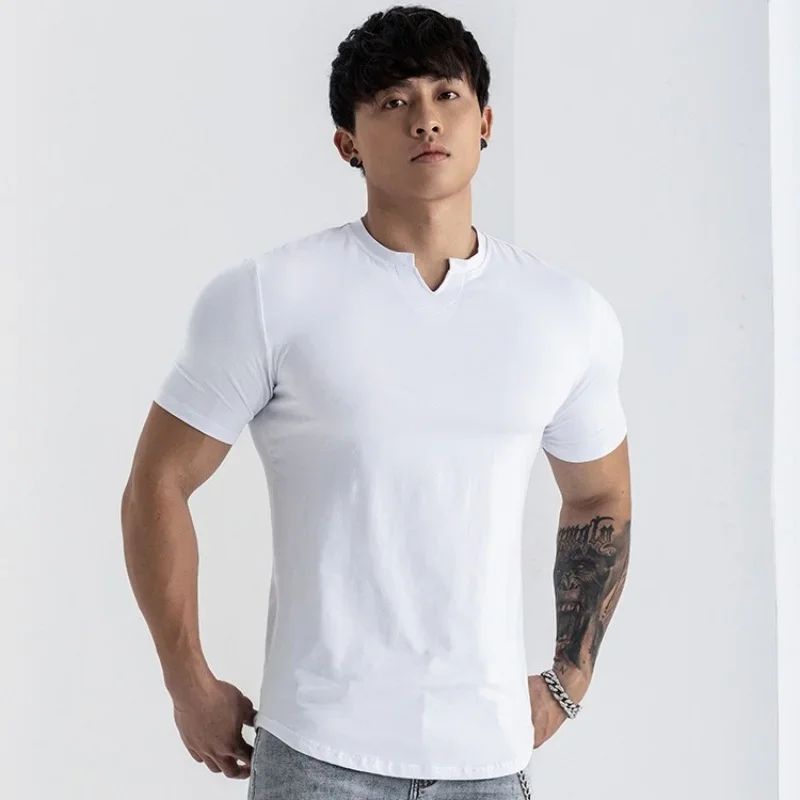 2024Summer Men T-Shirt V-Neck Short Sleeve Clothes Hip Hop Fashion Trend Comfortable Running And Fitness Motion V-Neck Top