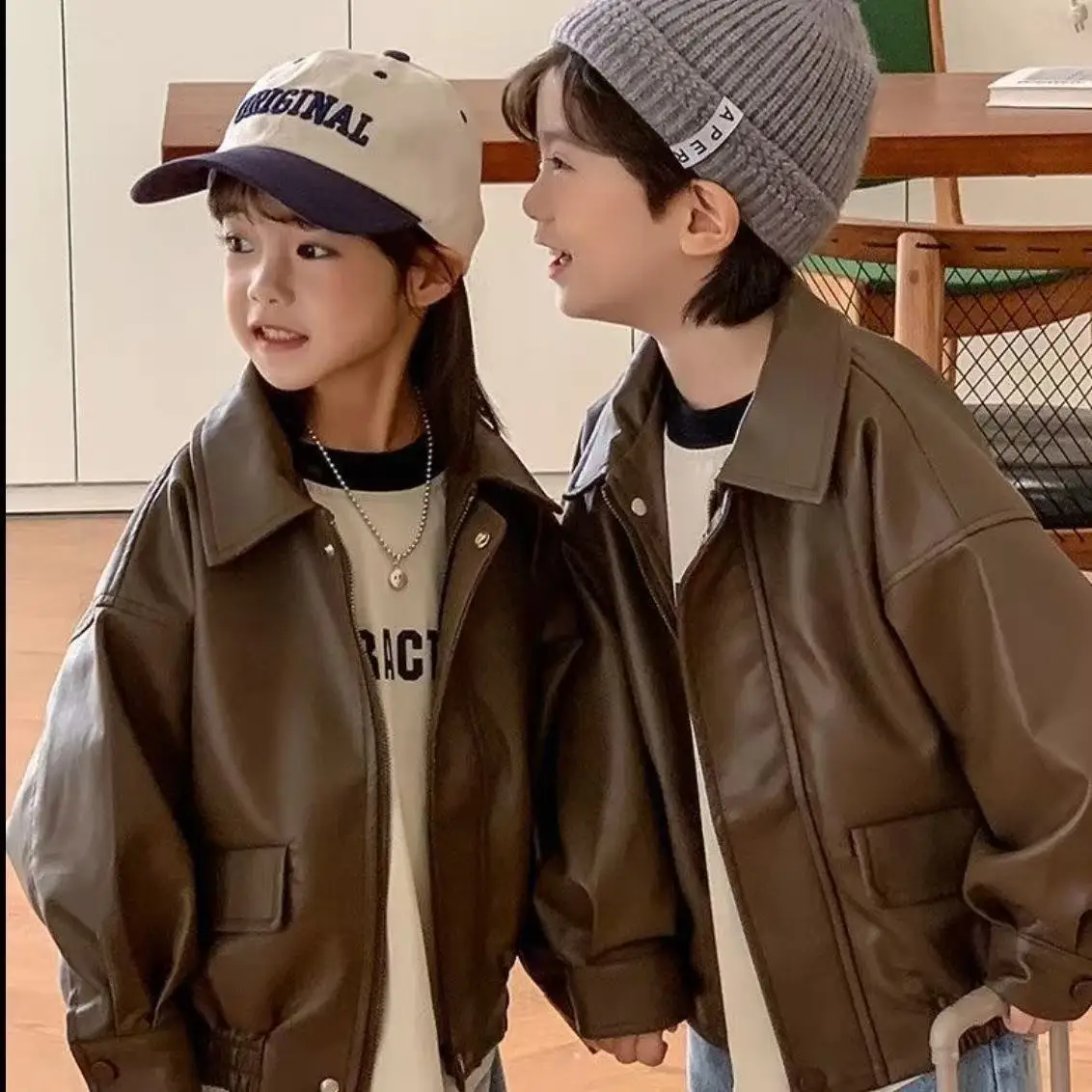 

Kids Girls' Autumn and Winter Coat Children's New Zipper Top Fashionable Motorcycle Leather Jacket for Baby Girls 90-150CM