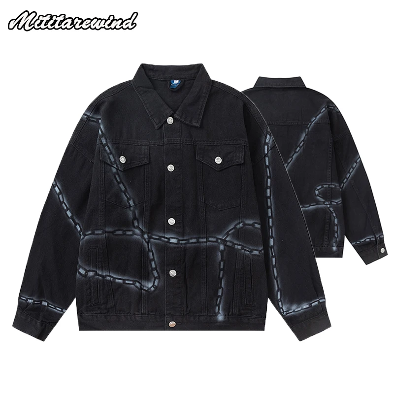 Men's Jackets Ins Denim Y2k Iron Chain Print Loose Casual Hip Hop Coats Cowboy Vintage Youth Fashion Cityboy High Street