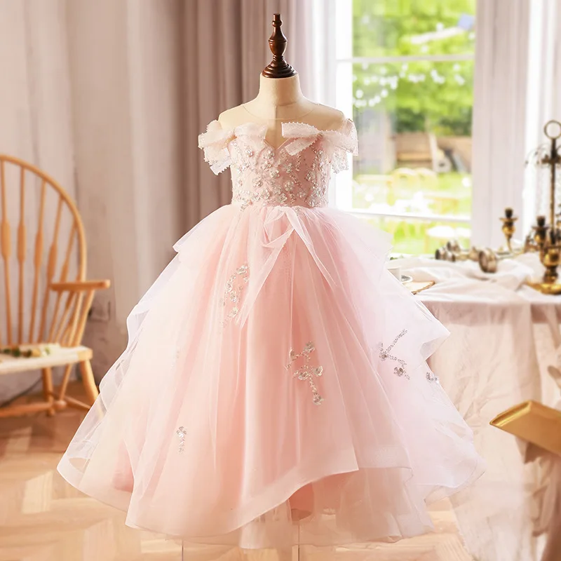 Children's Pink Wedding Flower Birthday High-end Princess Girl's Catwalk Host Piano Performance Dress