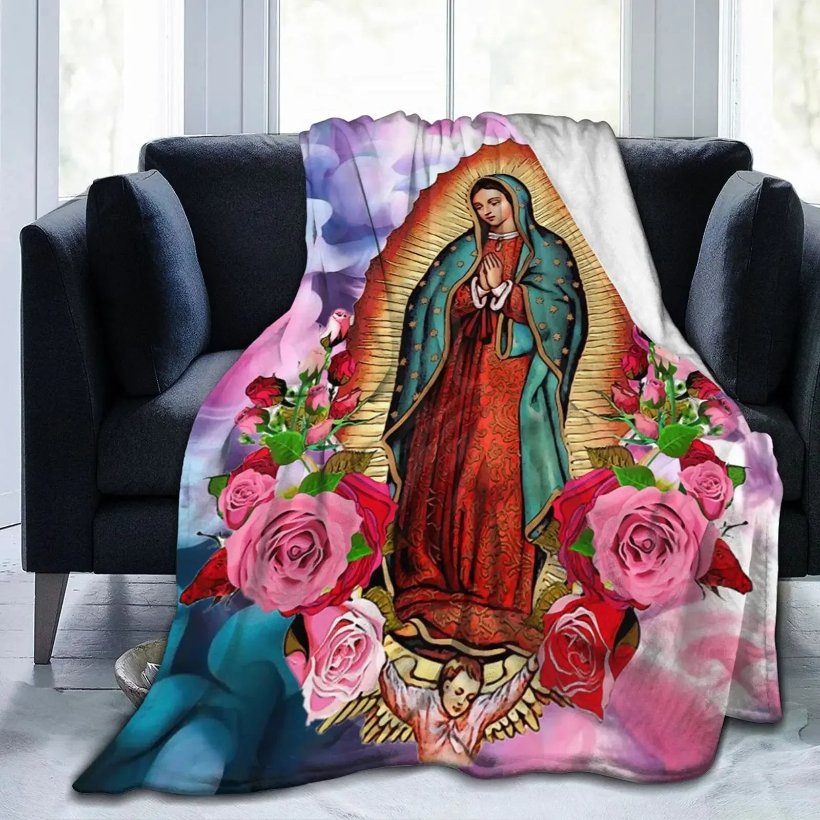 Our Lady Of Guadalupe Mexican Virgin Mary Blanket Christian Catholic Flannel Vintage Throw Blanket for Chair Covering Sofa Queen