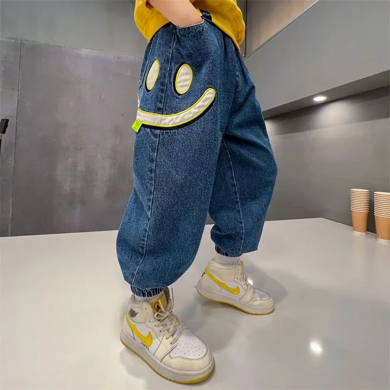 

2025 New Boys' Lightweight Denim Culottes Spring Autumn Kids' Trendy Tapered Pants, Stretchy Waistband Durable Cotton Blend