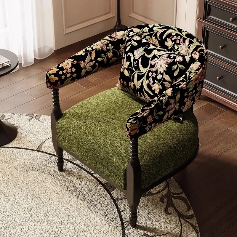 Vintage floral upholstered accent chair, armchair with spindle legs, medieval bohemian living room accent chair