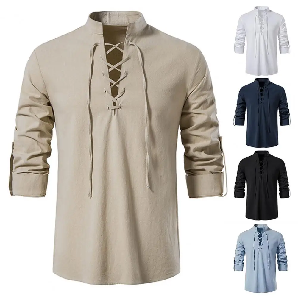 Stand Collar Cross Lace-up Men Shirt Long Sleeve Moisture-wicking Anti-pilling Solid Color Slim Casual Top Streetwear Large Size