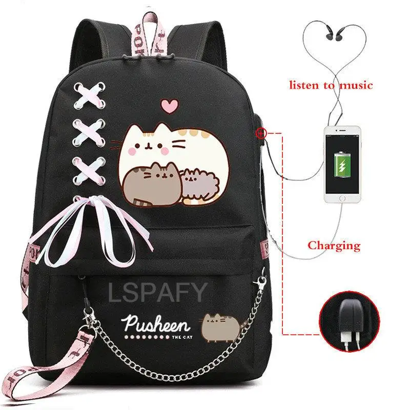 Sac à dos Oxford imprimé chat, Kawaii, pour ordinateur portable, livre d\'école pour fille, à bandoulière, avec chargeur USB, pour voyage, cadeau