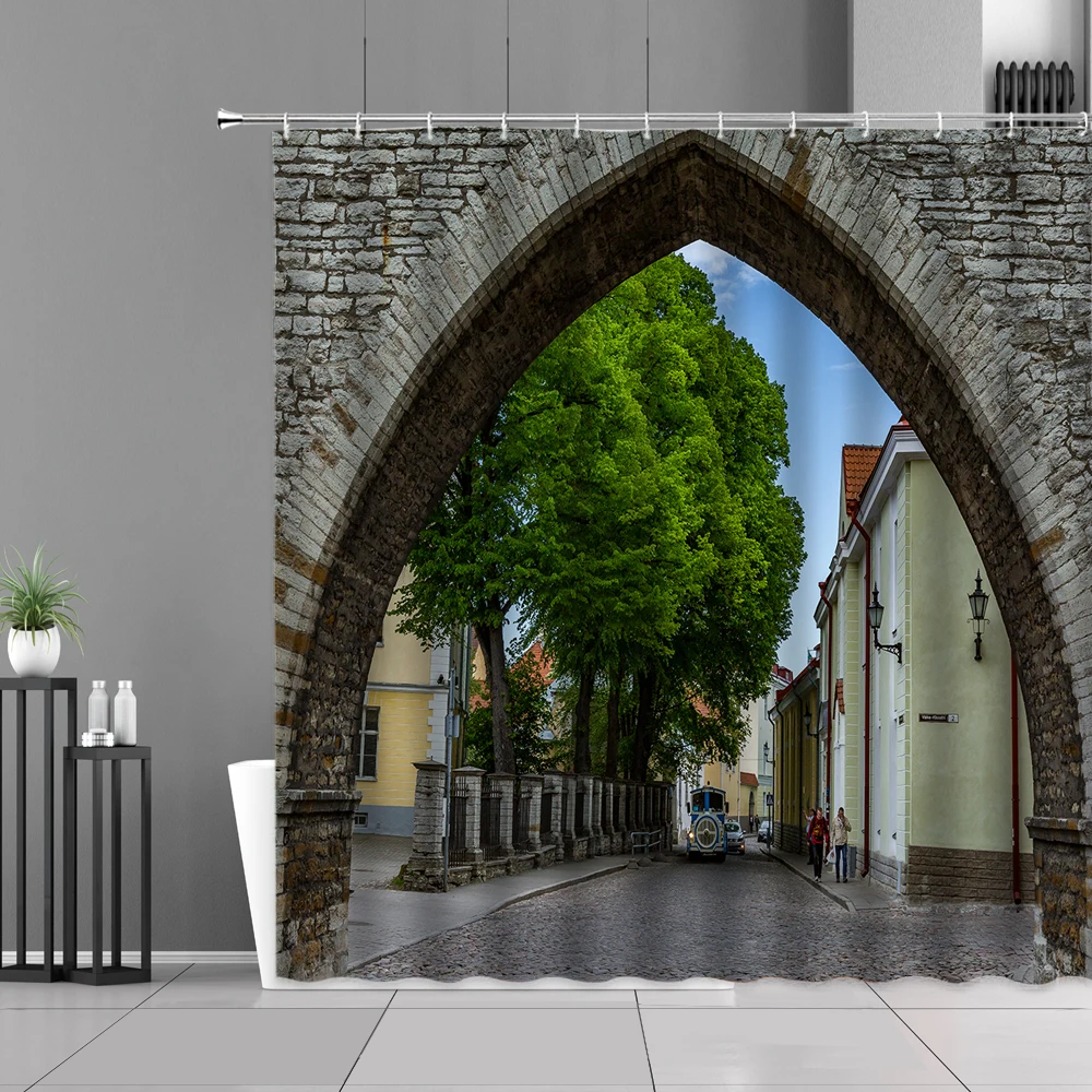 Arched Old Entrance Door Shower Curtain Medieval Wooden Iron Doors Stone Castle Church Polyester Fabric Bath Curtains With Hooks