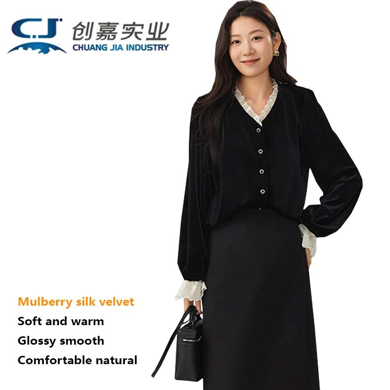 

Natural Silk Velvet Women's Blouse Ruffles Collar Long Sleeves. Elegant Luxurious Women Clothing Comfortable Skin-friendly Feel.