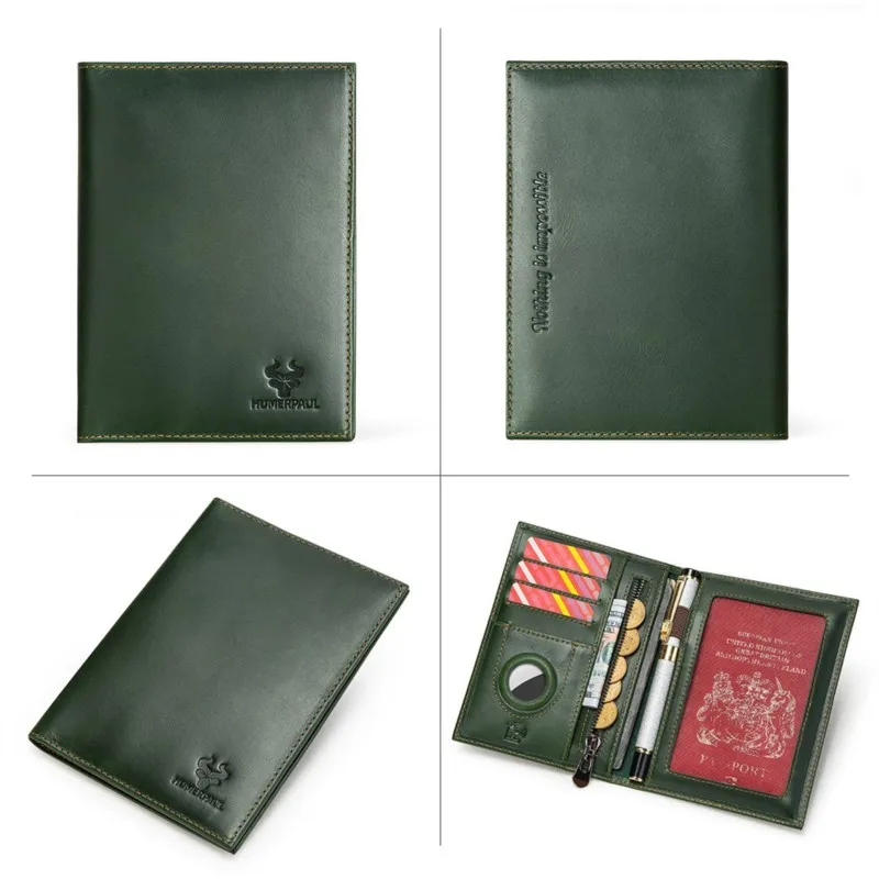 خمر السفر تتفاعل حجب محفظة جلدية حقيقية جواز السفر للرجال مع ثقب Airtag حامل بطاقة متعددة الفتحات Billetera De Hombre