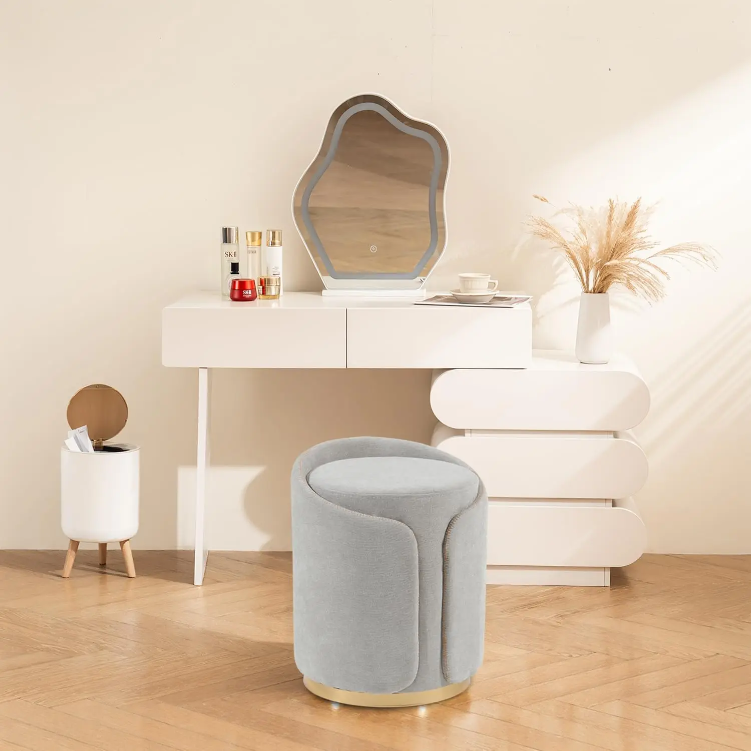 

Swivel Vanity Stool With Gold Base Comfy Vanity Chair Modern Round Stool For Makeup Vanity Ottoman Foot Rest For Bedroom
