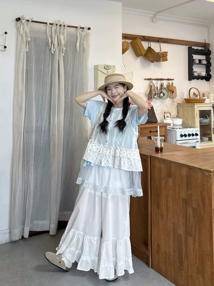 

Summer 2026 Women's Floral Lace Tank Top Short Sleeve round Neck Wide Leg Pants Set Casual Fashion Three-Piece Suit Korean Style