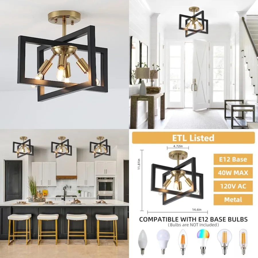 Semi-Flush Mount Ceiling Light - Modern Industrial Light Fixture, 4-Light Candelabra Lighting Ceiling Lamp for Kitchen Foyer En