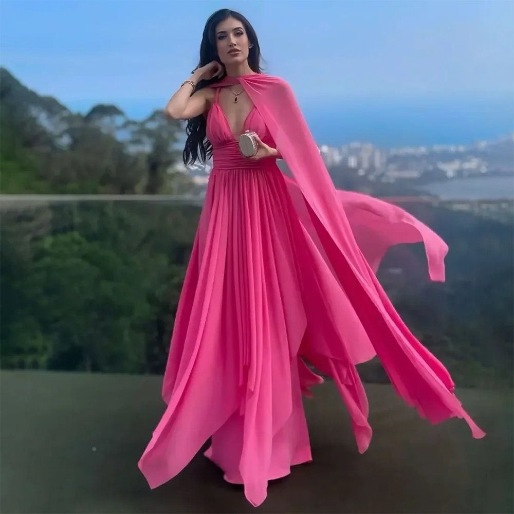 

Hot Pink Chiffon Evening Dresses Customized Cape Sleeves A-Line Deep V-Neck Pleated Floor Length Prom Dress Long Party Dresses