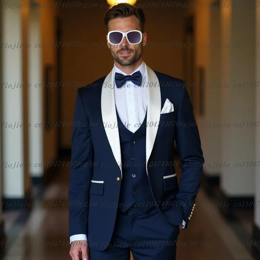

Белый воротник, темно-синий мужской костюм, официальная свадебная вечеринка, жених, жених, деловые мужские смокинги, комплект из 3 предметов, куртка, жилет, брюки