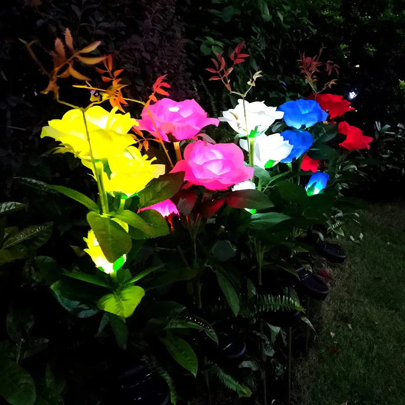 Solar Rose Flower Lights Outdoor Waterproof Garden Stake Sunlight Decorative Landscape Flowers Backyard Party Pathway Solar Lamp