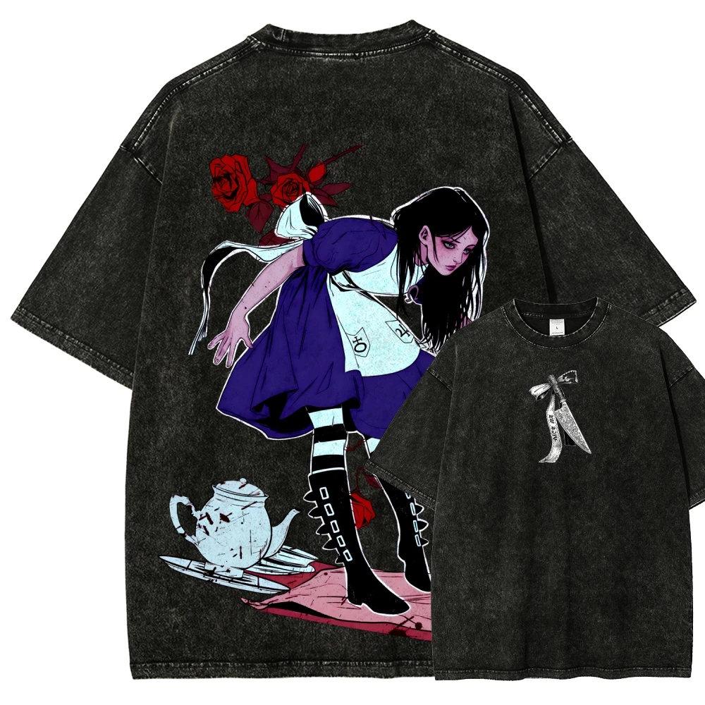 Alice Madness Returns Gothic Game T‑shirt Washed Vintage Print Unisex O‑neck Short Sleeve Retro Oversized Streetwear Tees Tops