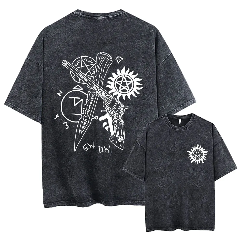 

Hot Sale Supernatural Vintage Washed T-shirt Men Women Casual Retro Cotton T Shirts Unisex Casual Oversized T-shirts Streetwear