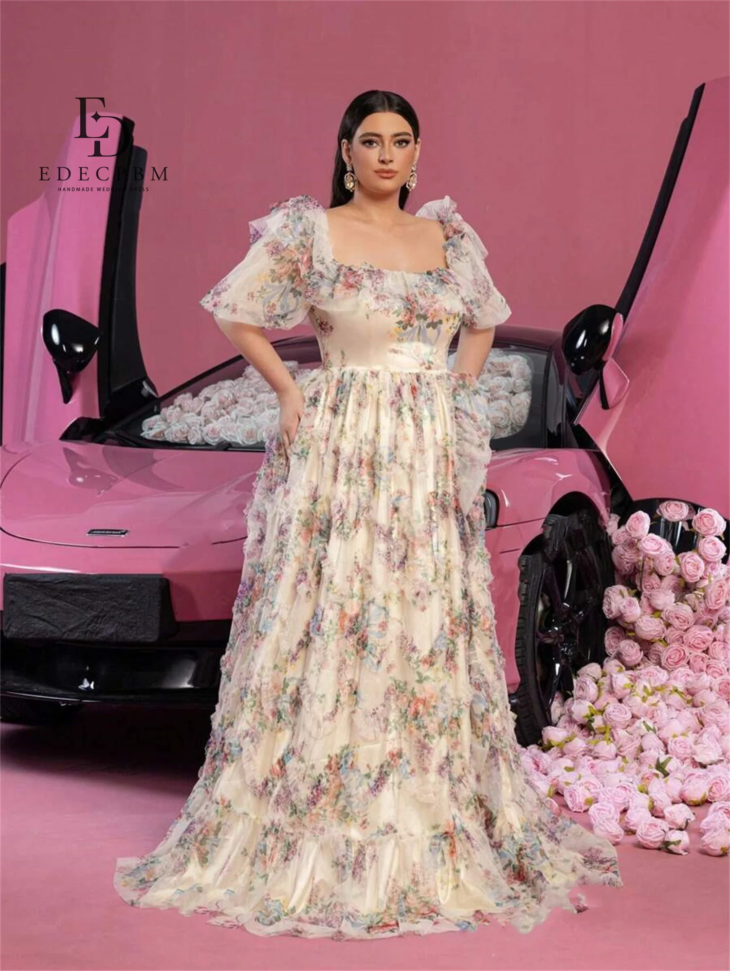 EDECPBM 프린팅 럭셔리 이브닝 드레스 2025 여성 맞춤 퍼프 소매 베스티도스 데 페스타 신상 드레스 فساتين سهرة 프롬