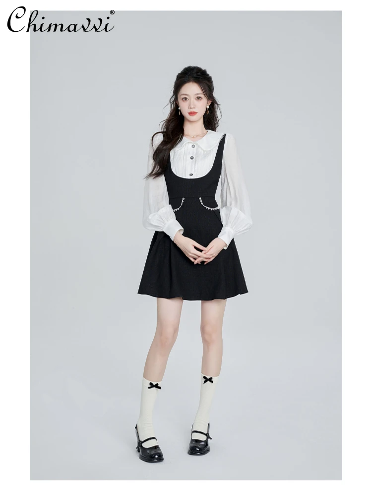 

French Hepburn Style Sweet Doll Collar Long Sleeve High Waist Slim Fit A-line Splicing Fake Two-piece Short Dress Women Autumn