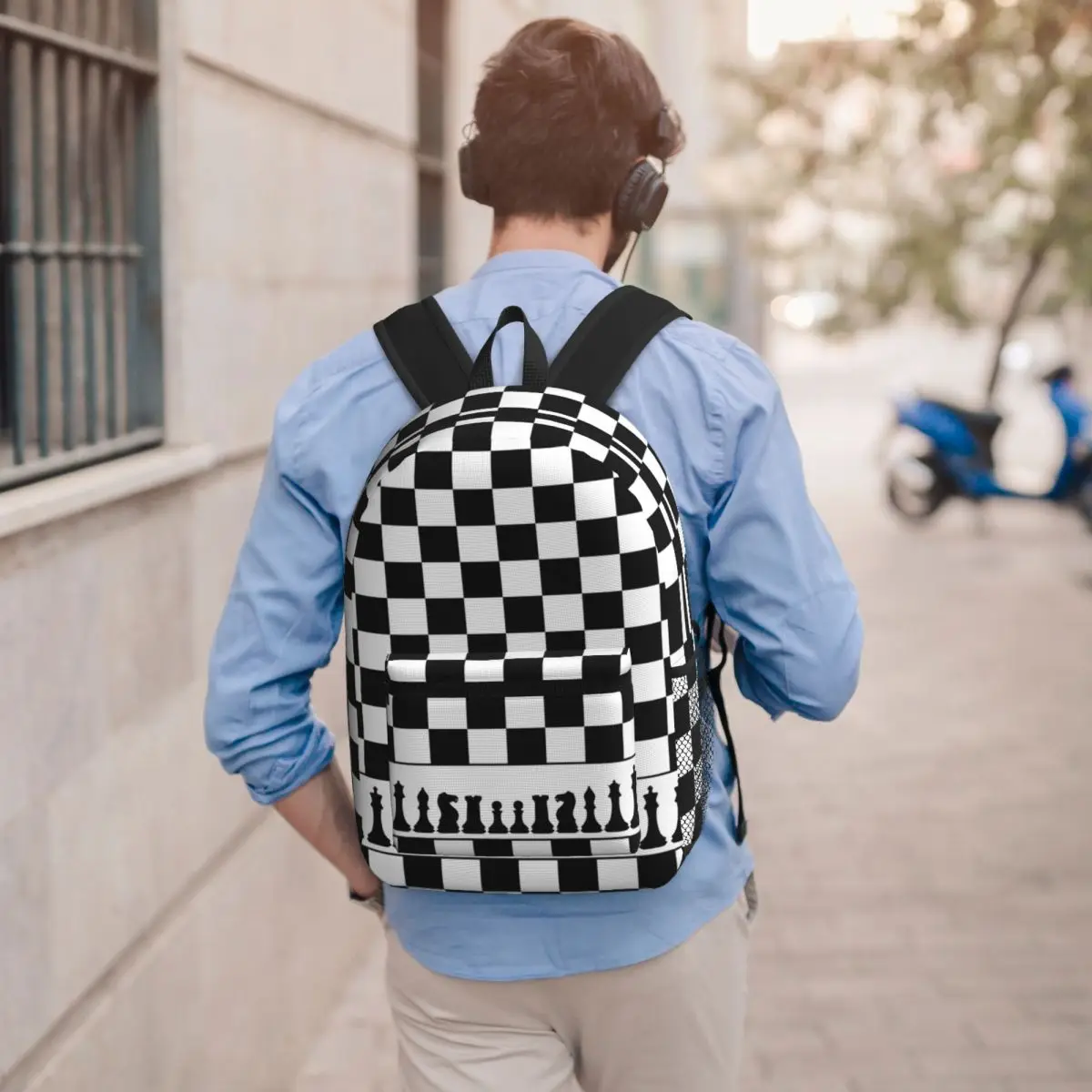 Mochila xadrez preta e branca com padrão de tabuleiro de xadrez, mochila escolar para meninos e meninas, bolsa escolar para crianças, bolsa de ombro para computador, para homens e mulheres