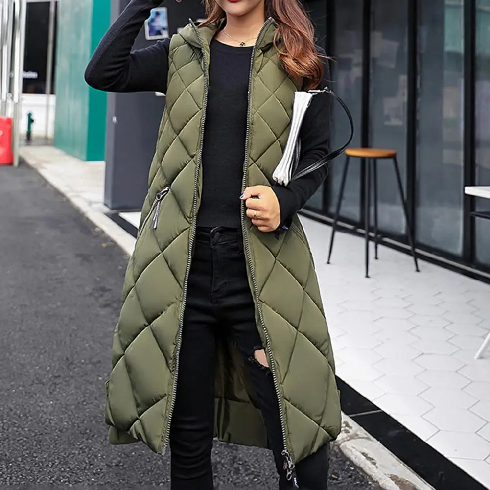 Winter Women Vest Coat Solid Color Padded Zipper Sleeveless Hooded Vest Thick Midi Length Winter Down Coat For Daily Wear