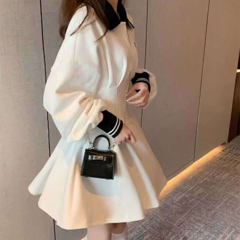 2024 Women Trendy Preppy Style Sweet Chic Polo Collar A Line Mini Dress Y2K Female High Waist Long Sleeve Slim Dresses Vestidos