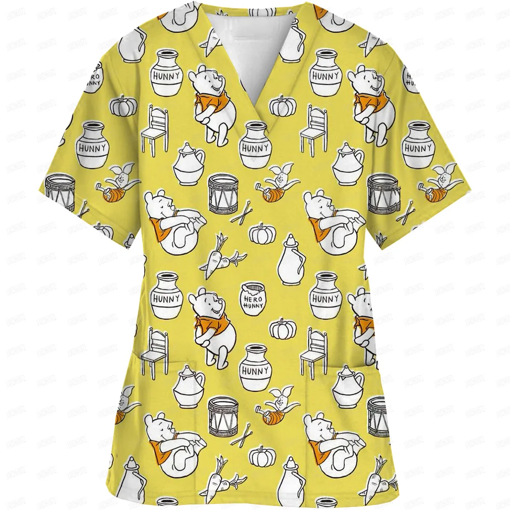 Scrubs Medical Uniforms Disney Winnie the Pooh Scrub Top Loose Cotton Unisex Pet Hospital Health Centre Work Clothes Lab Coat