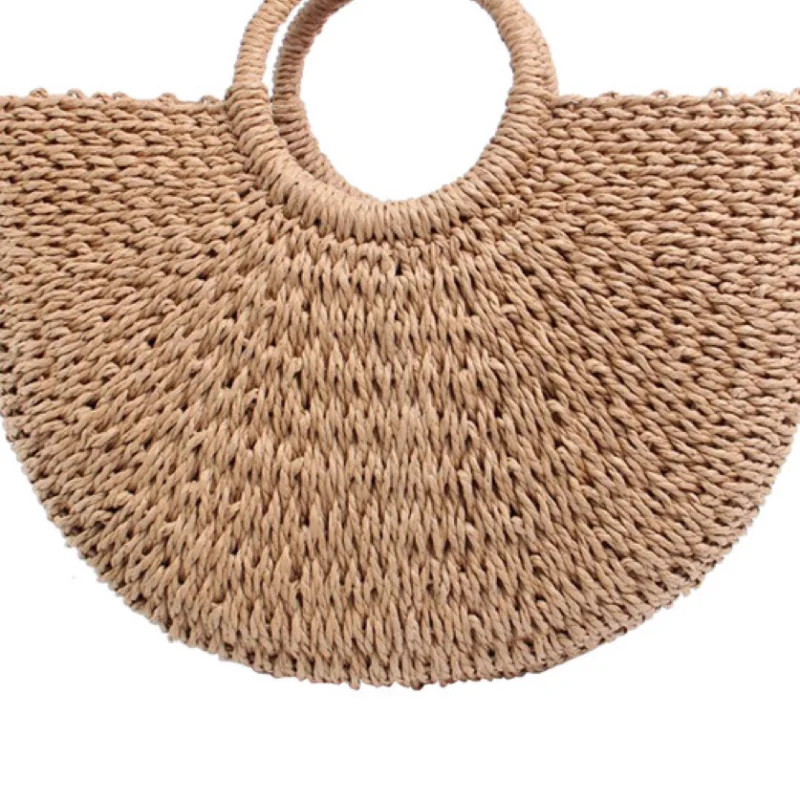 Grass Woven Bag New Paper Rope Round Bucket Simple Solid Color Woven Bag Retro Casual Handheld Vacation Beach Bag