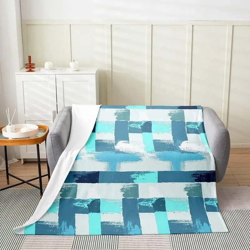 All Season Geometric Bed Blanket,Stripe Line Grey Blue Flannel Fleece Throw Blanket Modern Art Fuzzy Blanket for Kids