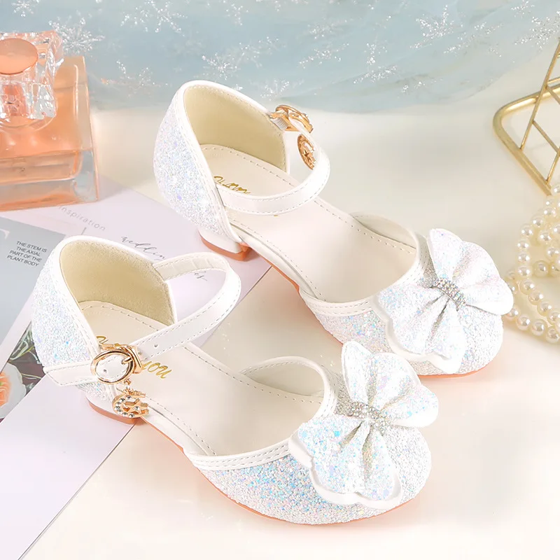 Girls Princess Shoes Shiny Children\'s High Heels White Show Leather Shoes New Summer Girls Bowtie Paillette Performance Sandals