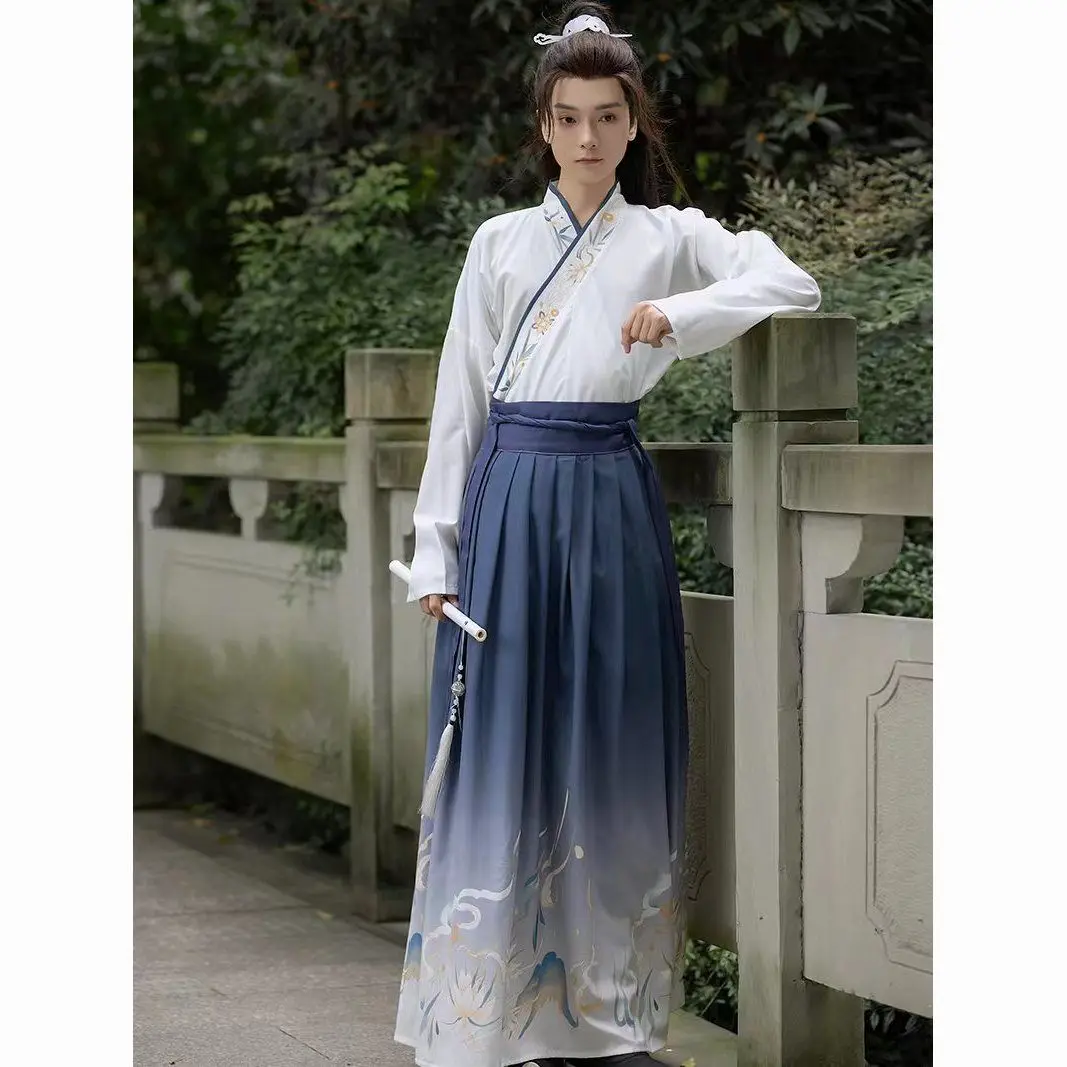 Blue Chinese Hanfu Tang costume embroidery ancient costume big sleeve youth play costume and ground length ethnic