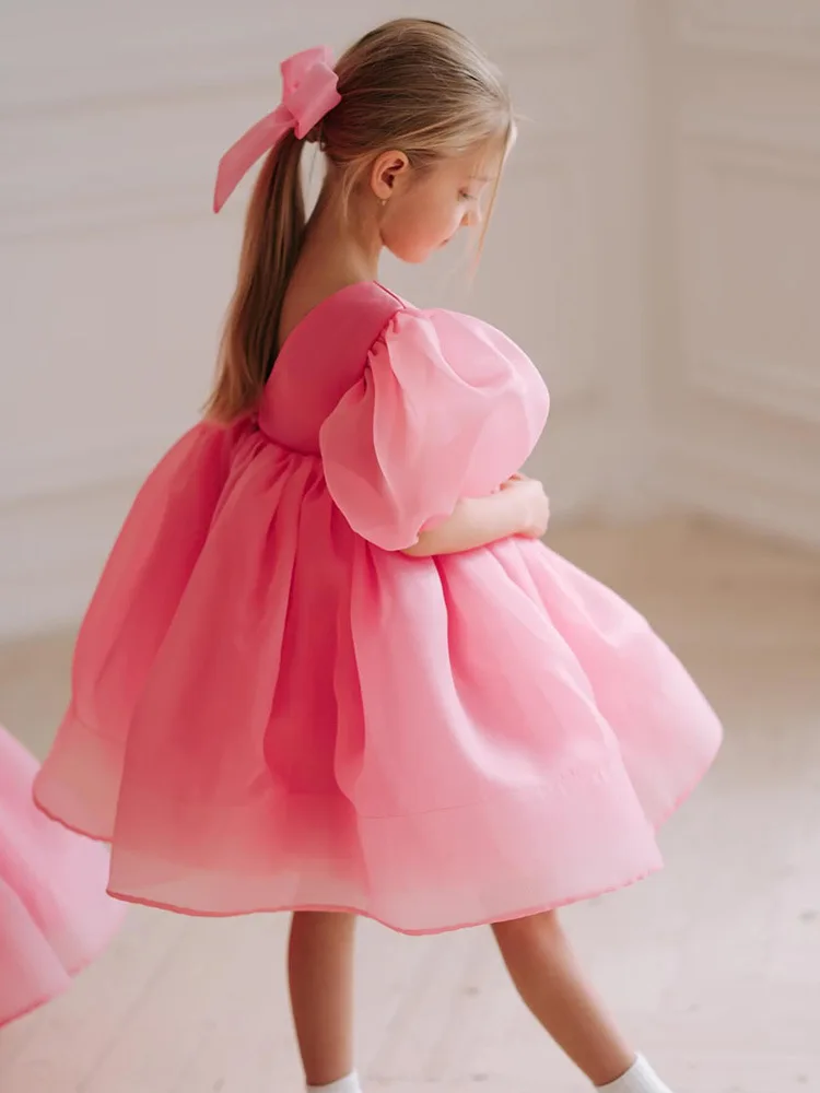 Vestido de baile de princesa rosa para niñas, manga abullonada, fiesta de cumpleaños, actuación, g30