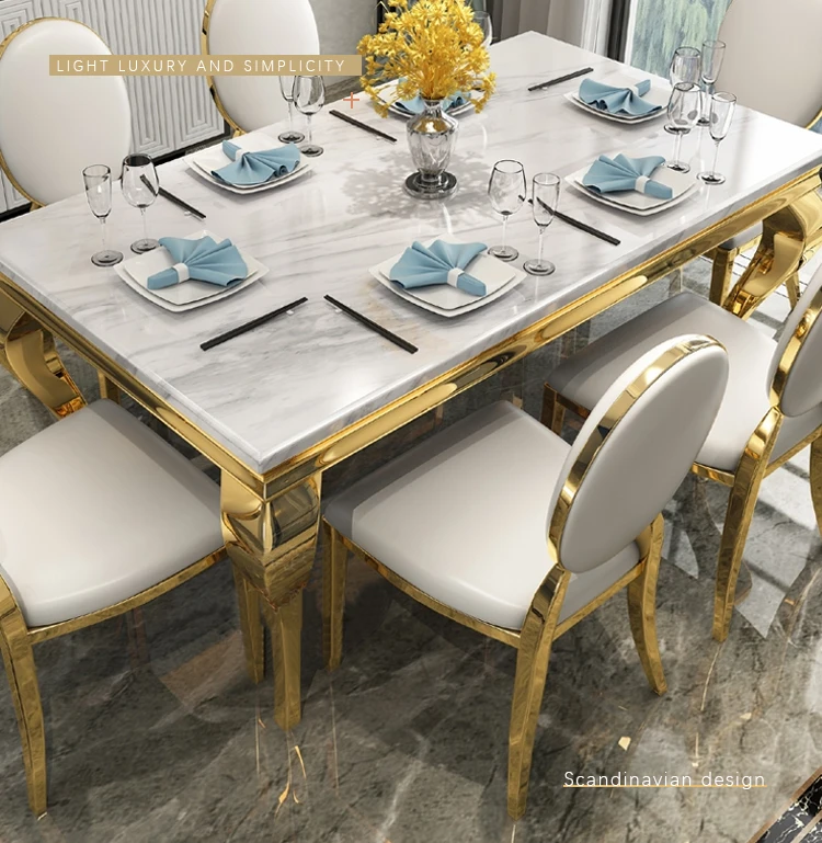 

New Deluxe Home Dining Suite Furniture Steel Chair Slate Countertop Dining Table