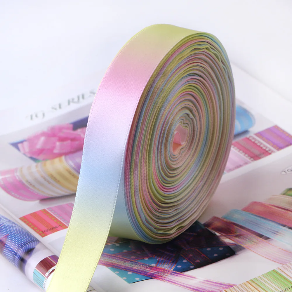 Light Rainbow Ribbons Satin double / Single side print Size 0.9/7.5cm 50/100Yard Each roll Spring Summer Happy fresh DIY Crafts