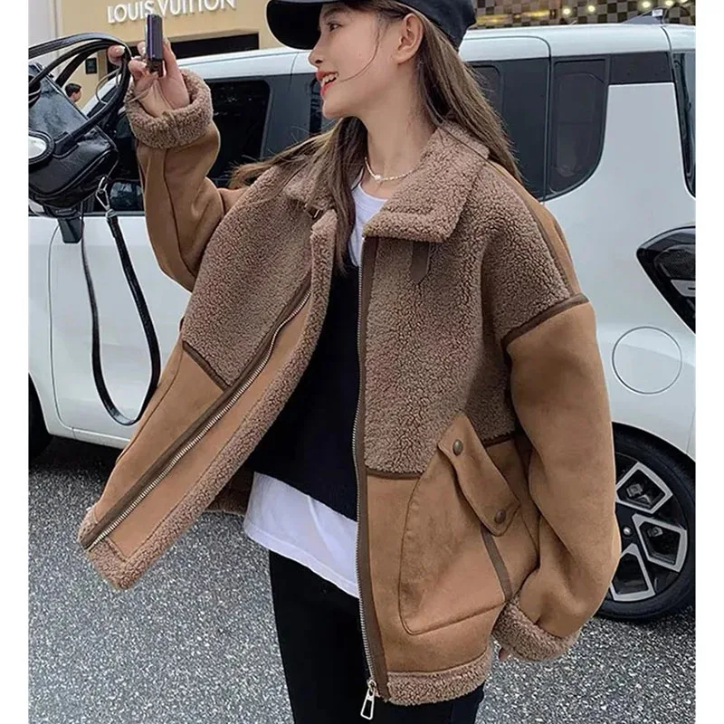 

Korean Ladies High-end Patchwork Coat Autumn Winter Women Fashion Velvet Thickening Jacket 2025 Femme New Long Sleeves Outcoat