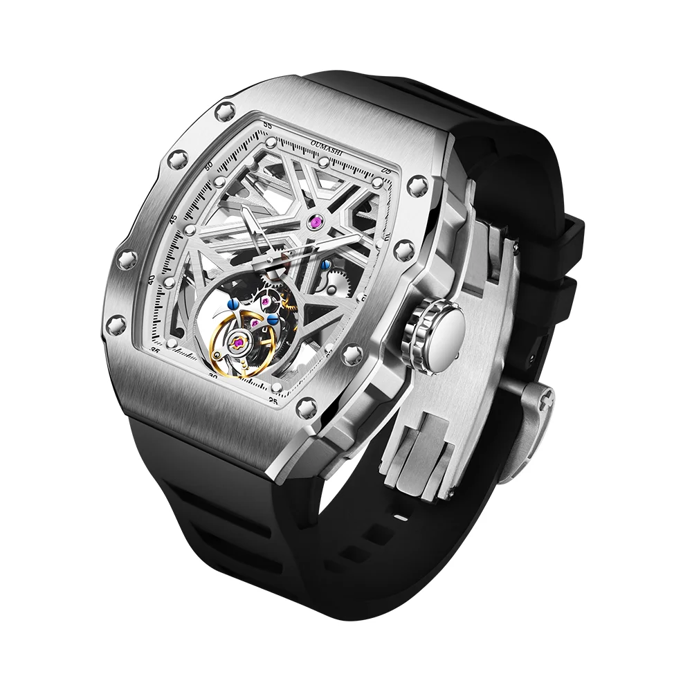 นาฬิกาตูร์บิญองสำหรับผู้ชาย ตัวเรือนสแตนเลส กระจกแซฟไฟร์ กันน้ำ นาฬิกากลไกเปลือย แสดงเวลาแบบเรืองแสงสีเขียว นาฬิกาหรูสำหรับนักธุรกิจ