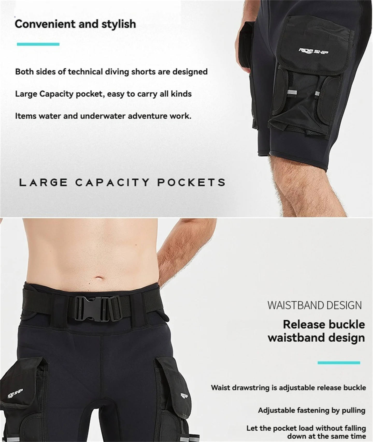 3MM Neopren-Tauchshorts für Männer und Frauen, multifunktional, 2 Taschen, zum Schnorcheln, Segeln, Surfen, Strand, Halbhose – Detail 8