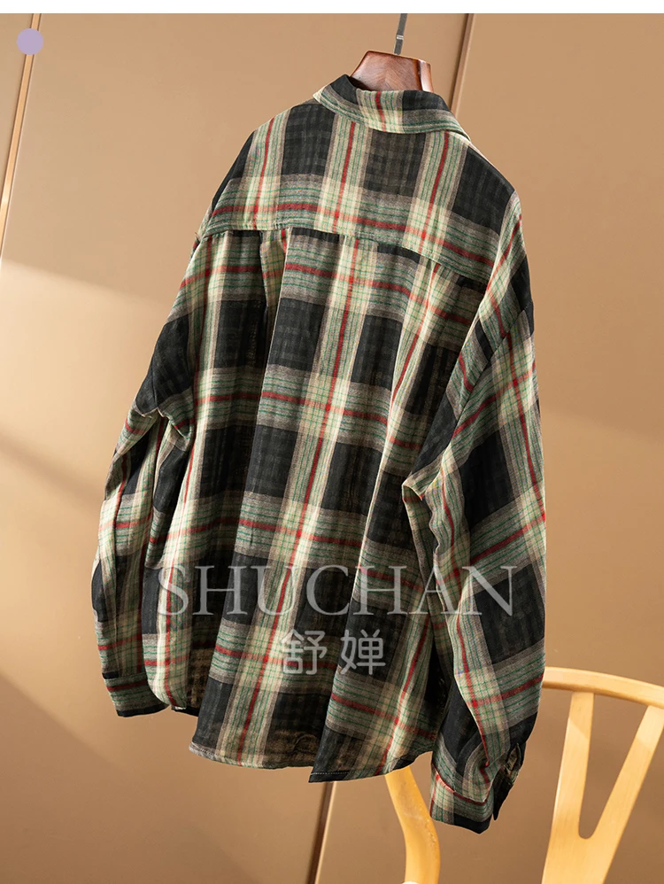 Plaid Double-layer Cotton Yarn Loose Lapel Long-sleeved Shirt Women's 11F2  Womens Tops Blusas Mujer