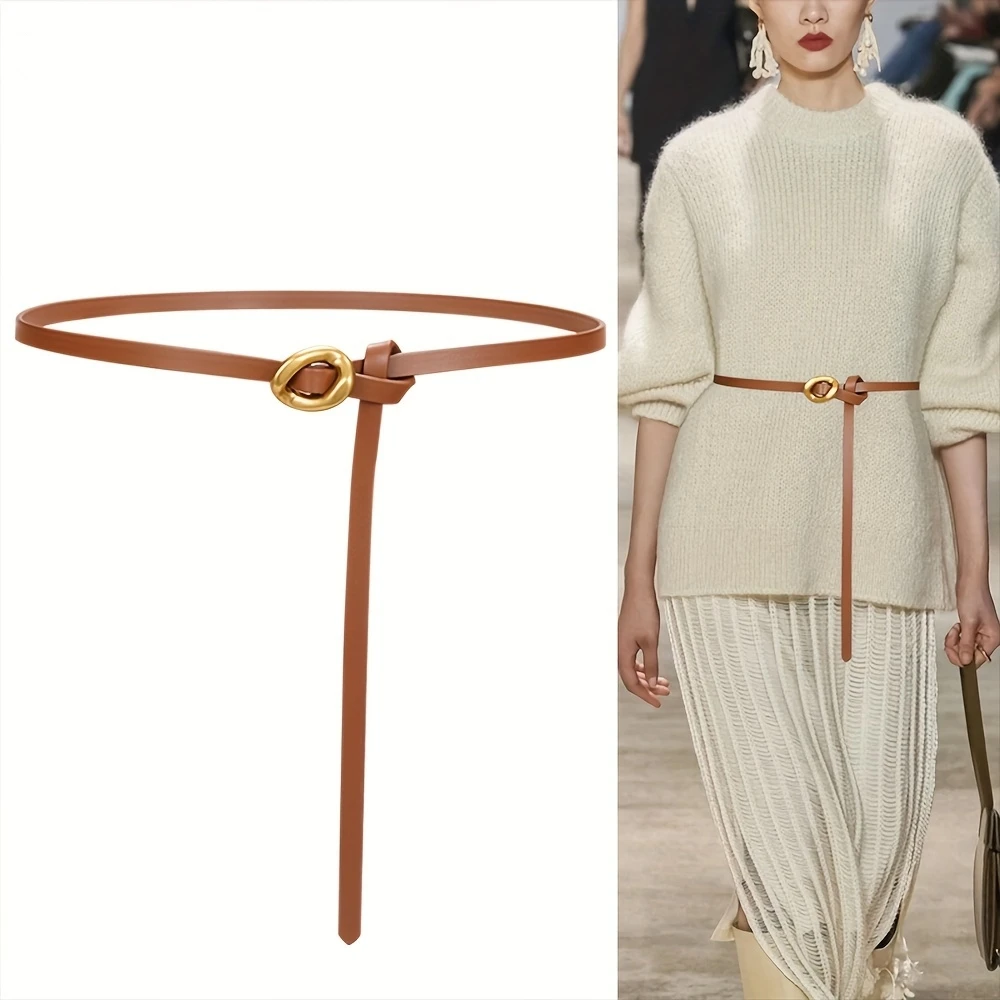 Vintage Inspired Slim Belt Knotted Design with Gold Tone Buckle Flexible Fit for Skirts Coats Sweaters