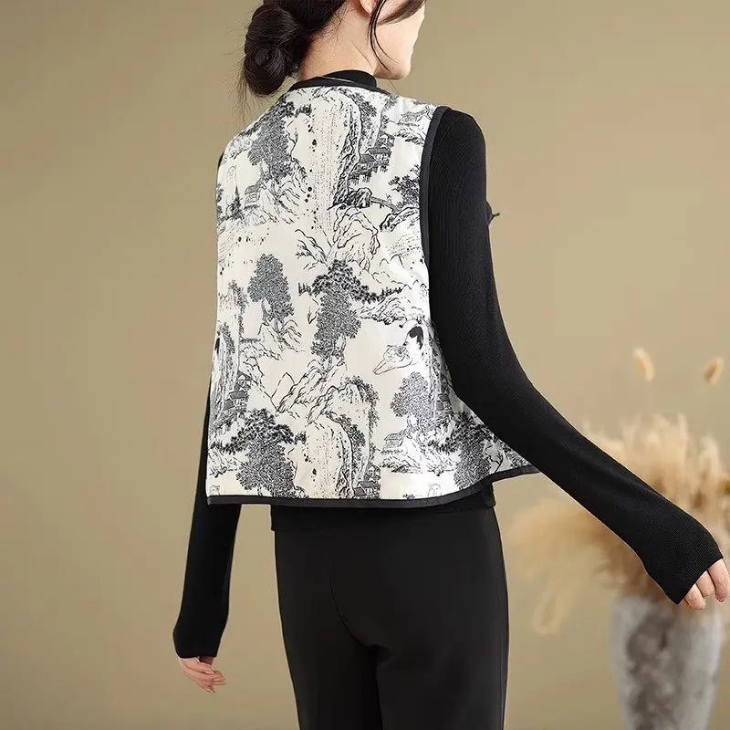 New Chinese Style Ink Painting Vest Cotton Clothing Women's Autumn And Winter Fashion Temperament  Retro Reversible Jacket A173