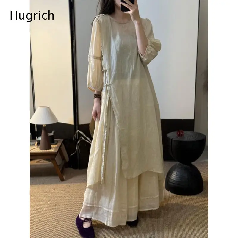Double Layer Long Dress Crew Neck Elastic Cuff Bubble Sleeve Traditional Side Knot Design Relaxed Fit Floor Length Dress