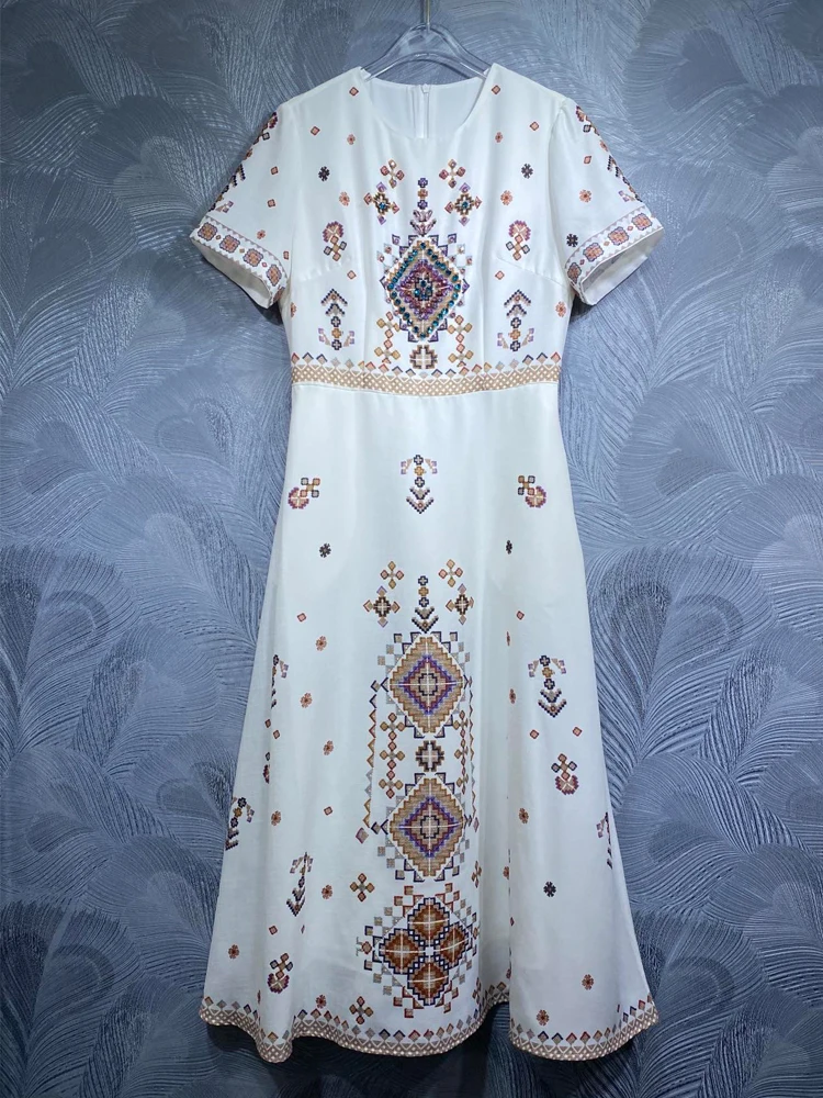 

SEQINYY Elegant White Dress Midi Summer Spring New Fashion Design Women Runway High Street Beading Vintage Flower Print A-Line