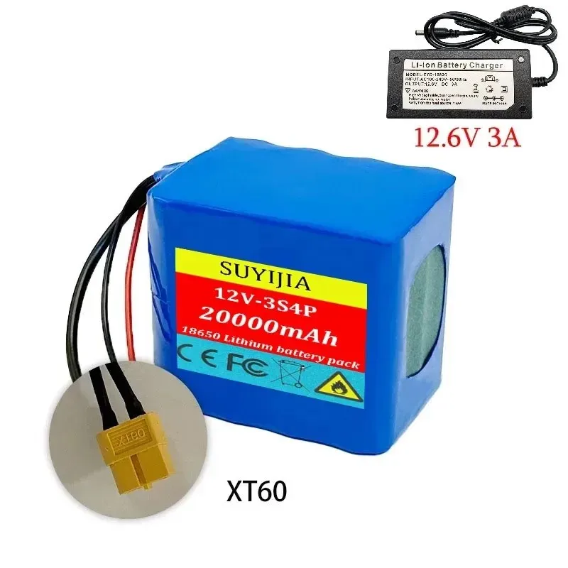 20000mah 12V 3S4P battery  20Ah 18650 Li-ion Rechargeable batteries with BMS Lithium Battery packs Protection Board +Charger