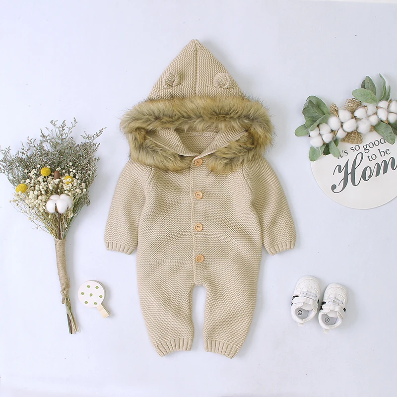 Newborn Baby Rompers Knit Infanr Boy Girl Jumpsuit Fashion Solid Hooded Toddler Kid Clothing 0-18M Long Sleeve Overalls Playsuit