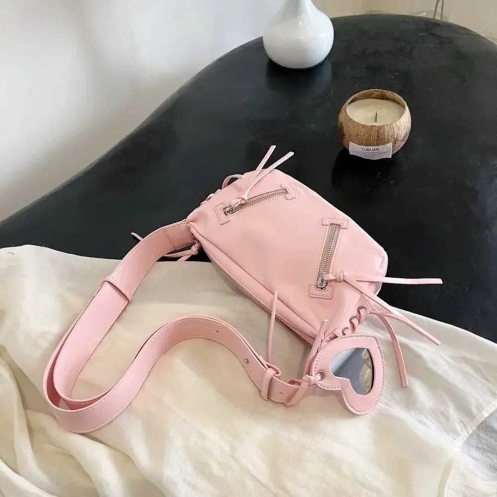 حقيبة كتف جلدية أنيقة موتو ستايل الحب القلب مرآة الكورية حقيبة تحت الإبط بلون سعة كبيرة Y2K فاسق حقيبة كروسبودي