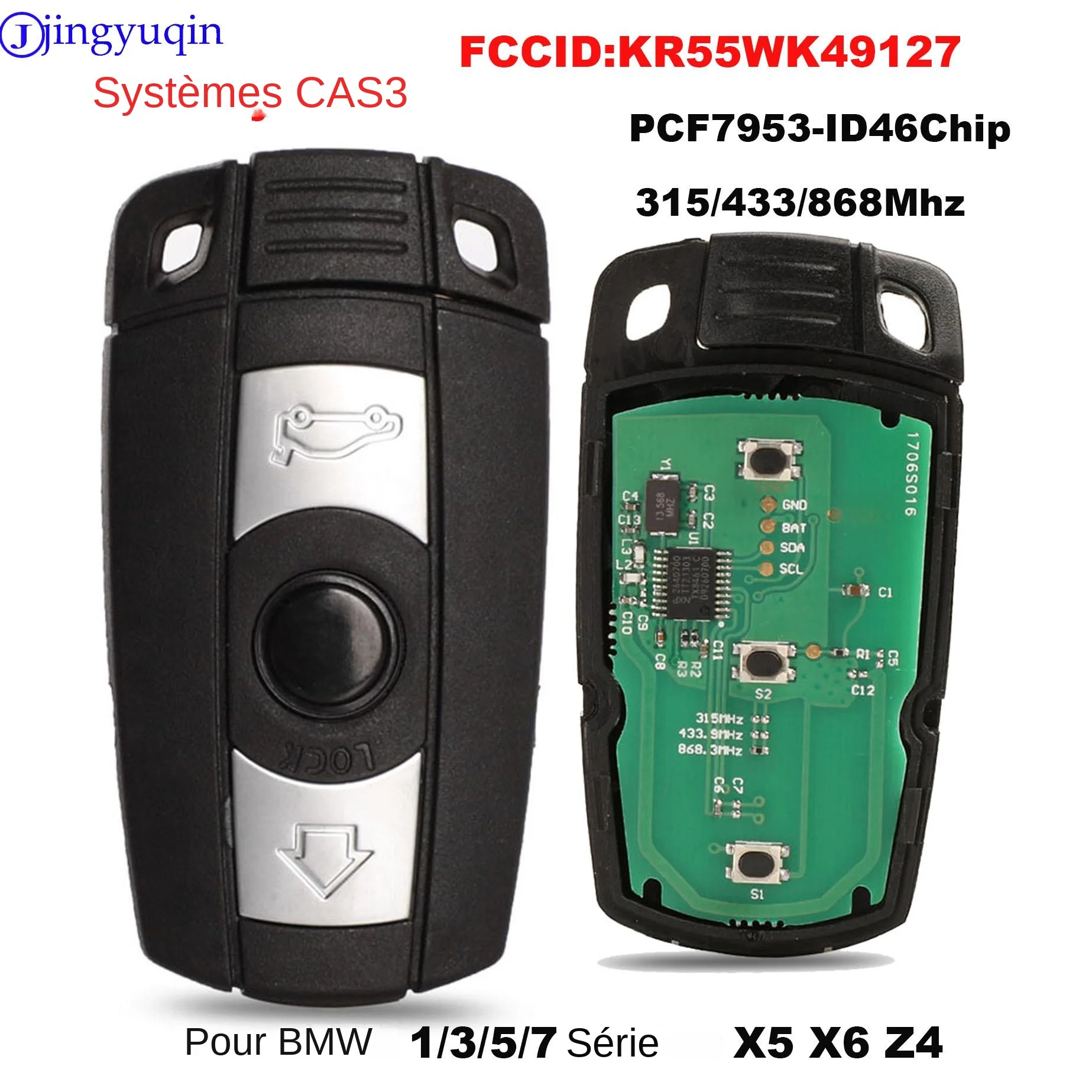 Jingyuqin – clé intelligente à distance de voiture, 315/433/868Mhz, pour BMW série 1/3/5/7 X5 X6 Z4 CAS3, systèmes KR55WK49127, puce PCF7953/ID46