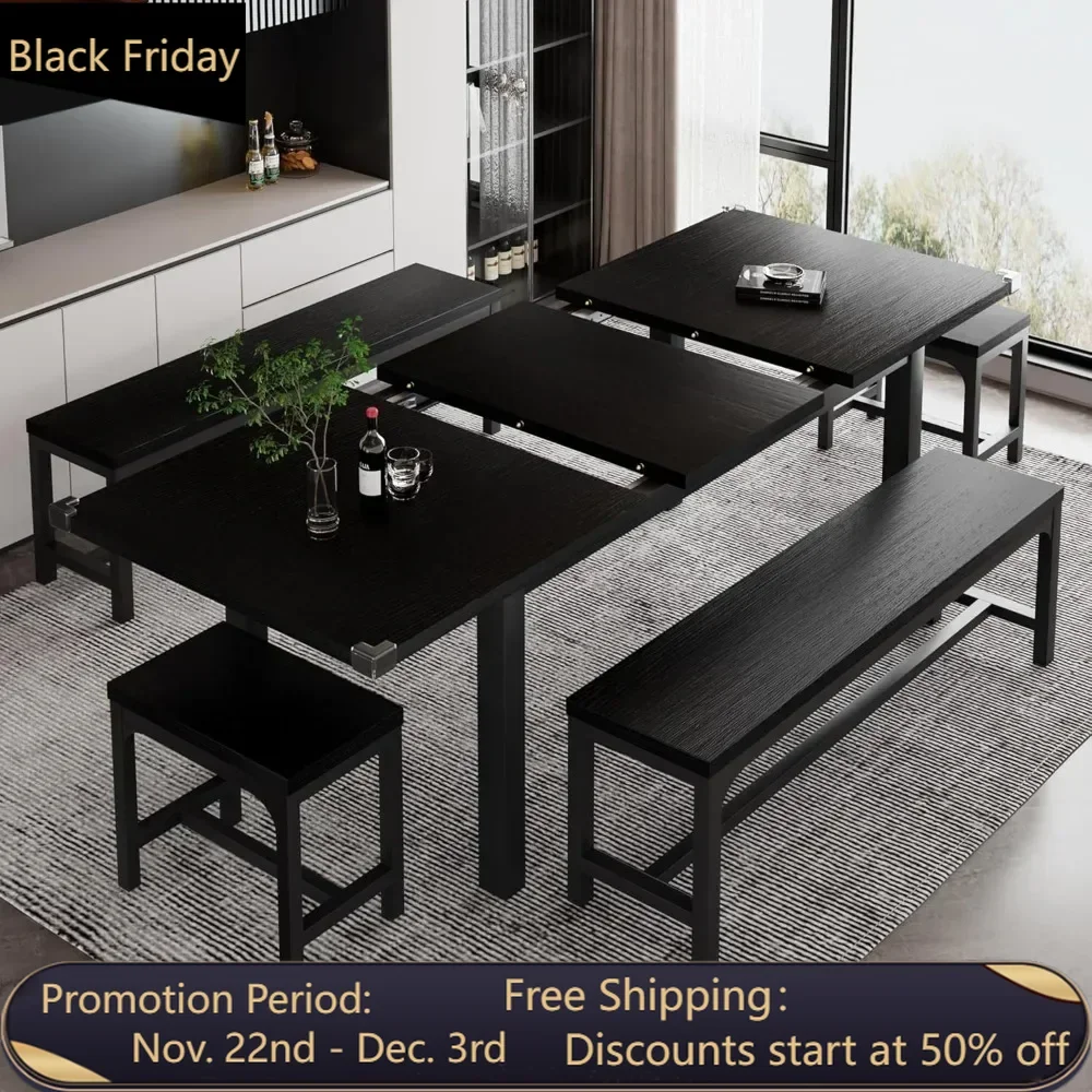 5piece dining table set,suitable for 4-8 people, expandable kitchen dining table set,equipped with 2 benches and 2 square stools