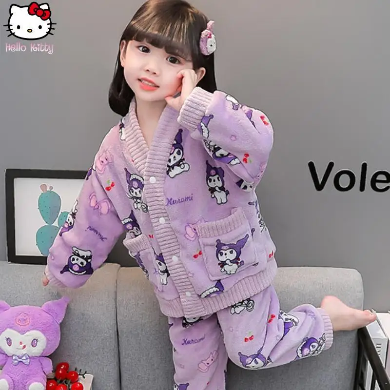 ملابس الفتيات كورومي الكرتون الدافئة منامة مجموعة أنيمي جديد Kawaii الخريف الشتاء طالب سانريو سترة سميكة ملابس المنزل الحلو